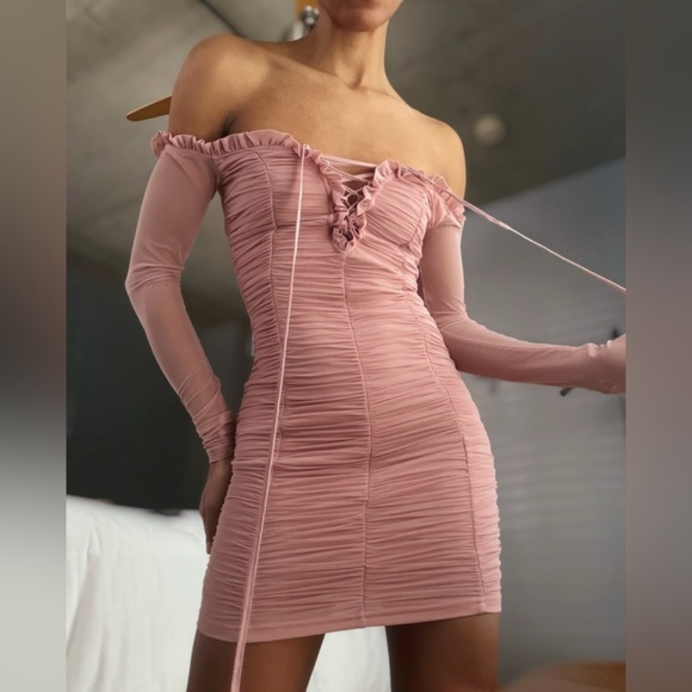 Fashion Nova Ruched Off the Shoulder Mini Dress